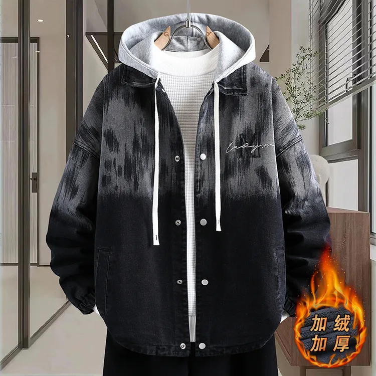 青少年学生冬装新款加绒加厚牛仔可脱卸帽夹克休闲潮流棉服外套男