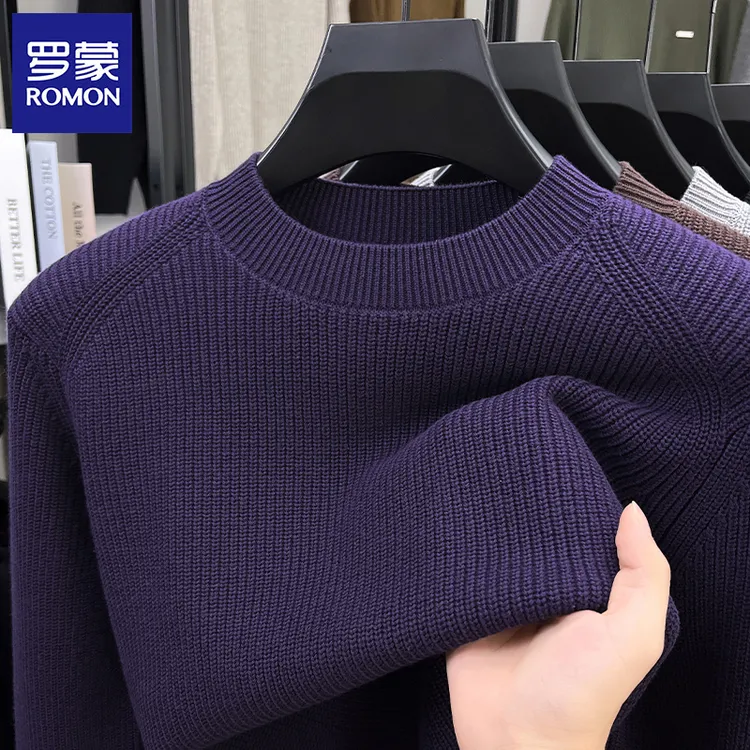 Romon/罗蒙秋冬季保暖男士纯色针织衫宽松舒适休闲中年圆领毛衣男