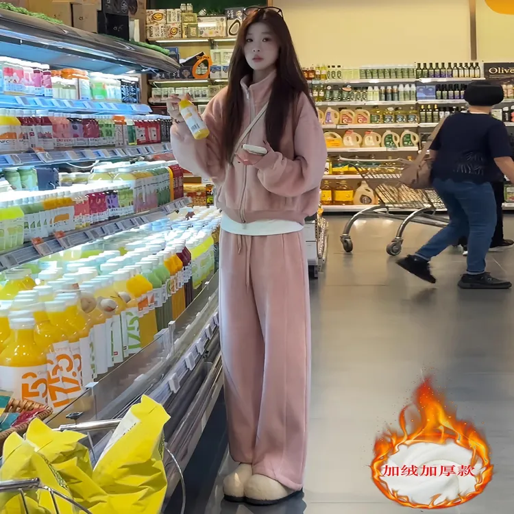 巨好看的冬装一整套时尚休闲宽松高级感加绒立领卫衣阔腿裤两件套