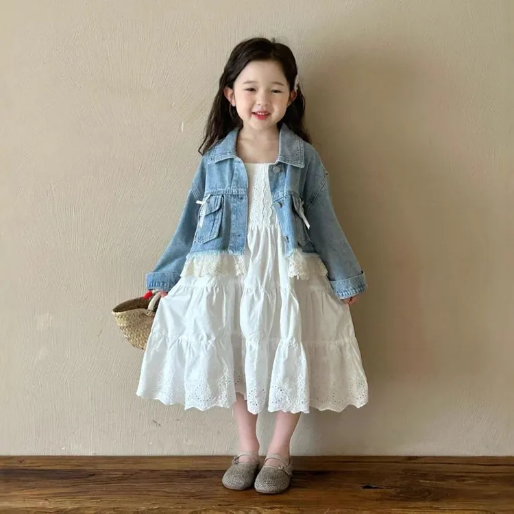 方领女纯色春秋牛仔外套中长款港风欧美风