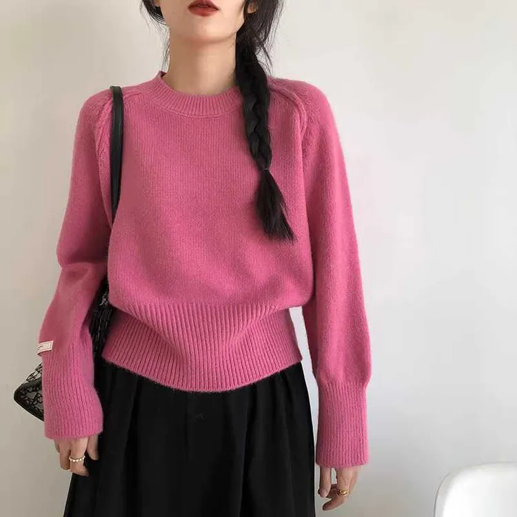 慵懒风宽松圆领毛衣女高腰短款上衣时尚高级感秋冬百搭针织打底衫
