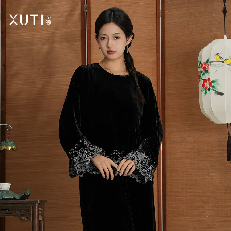 序缇『绒花』秋季新款国风新中式女装桑蚕丝真丝丝绒上衣H66-19026