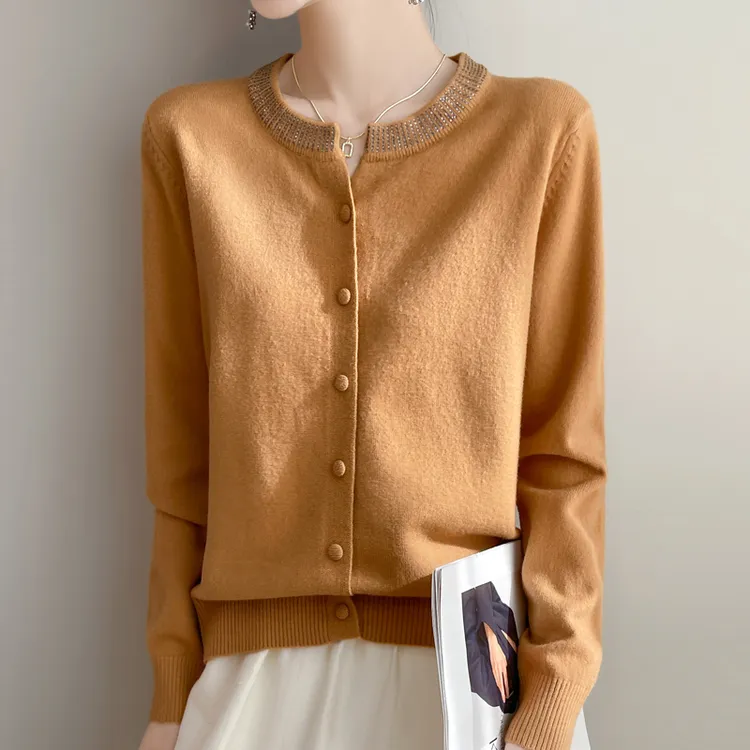 百搭毛衫长袖毛衣毛针织衫圆领烫钻针织开衫女外搭纯色新款秋冬
