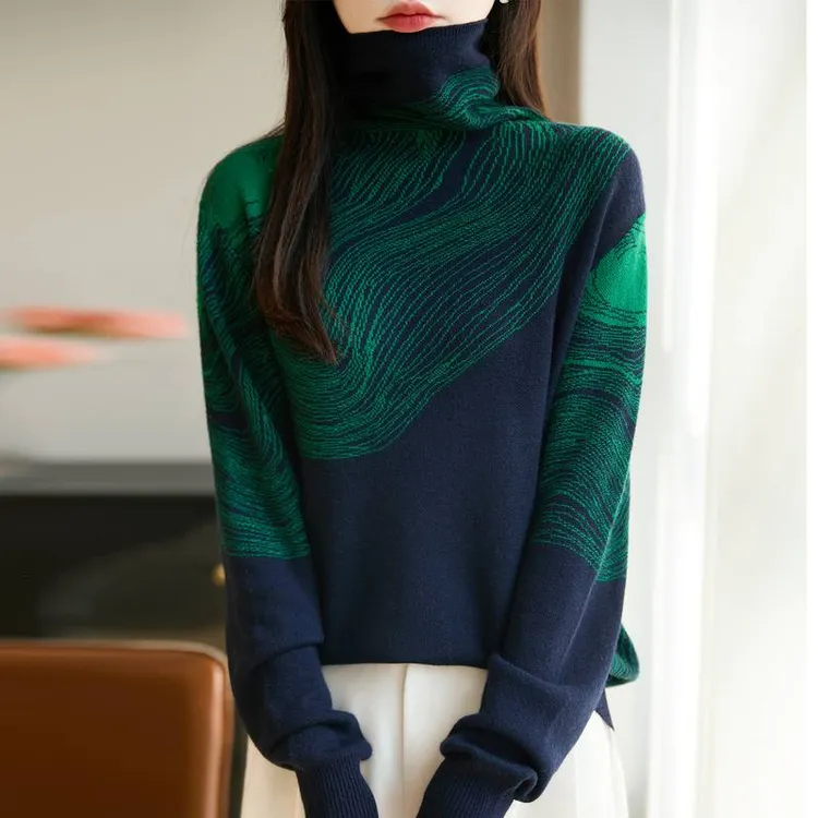 哥弟阿玛施正品时尚洋气线条提花针织衫长袖堆堆领羊毛衫新款气质