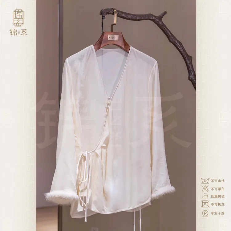 【锦系】真丝丝绒新中式国风桑蚕丝V领斜襟长袖上衣C-383192
