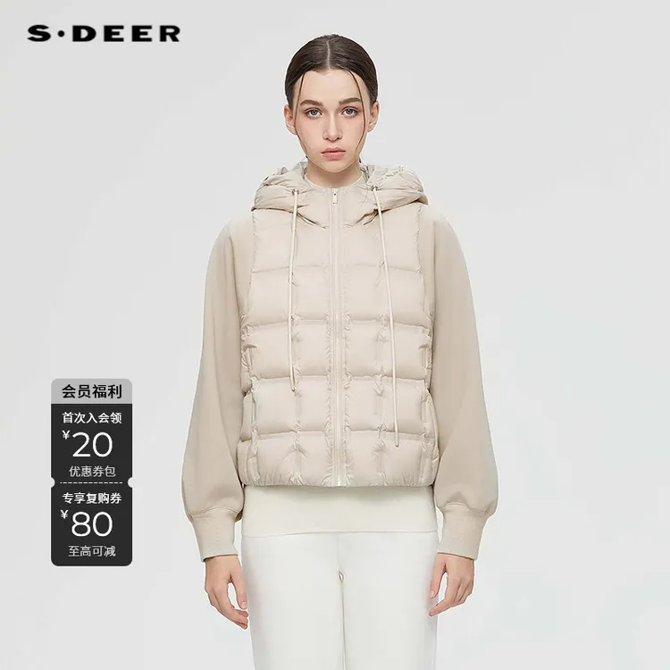 S·DEER圣迪奥女装冬季新款休闲拼接连帽羽绒服S25463110