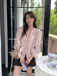 2025早秋韩系百搭V领女系带木耳边显瘦喇叭袖粉色气质衬衫上衣女