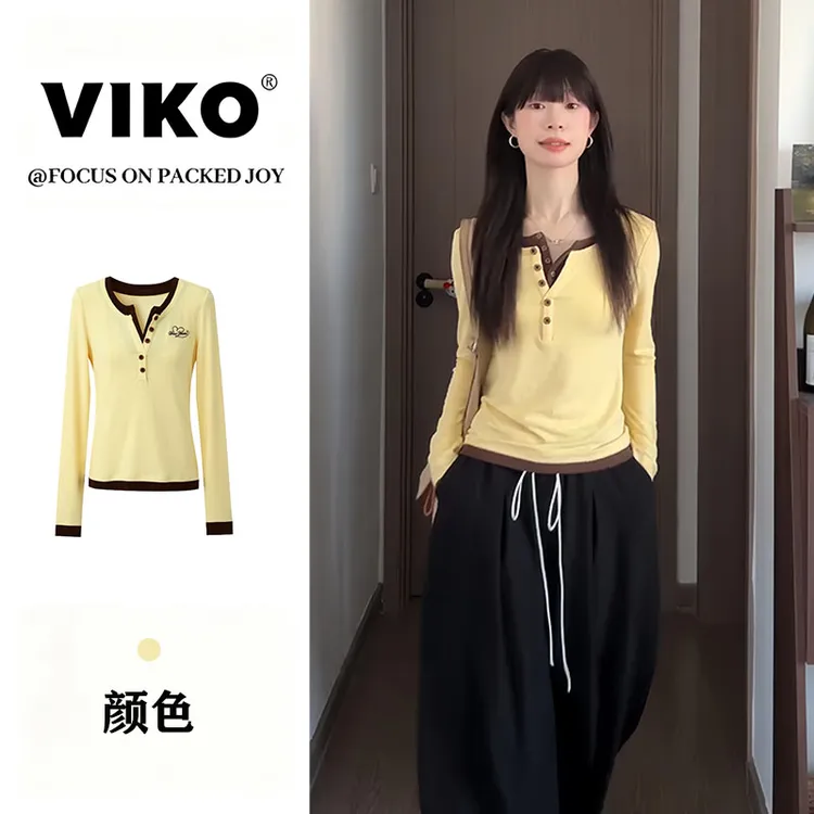 美式复古撞色假两件拼接长袖t恤女秋季内搭修身显瘦时尚休闲上衣