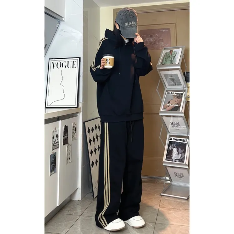 潮牌三条杠连帽卫衣情侣款美式运动上衣潮重磅百搭休闲外套直筒裤