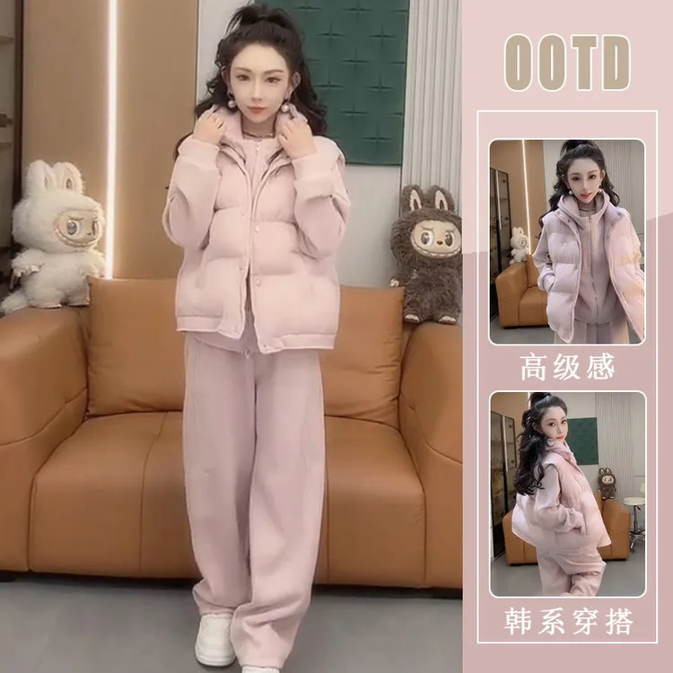 今年流行运动风套装女冬季新款短款卫衣休闲裤无袖棉衣马甲三件套