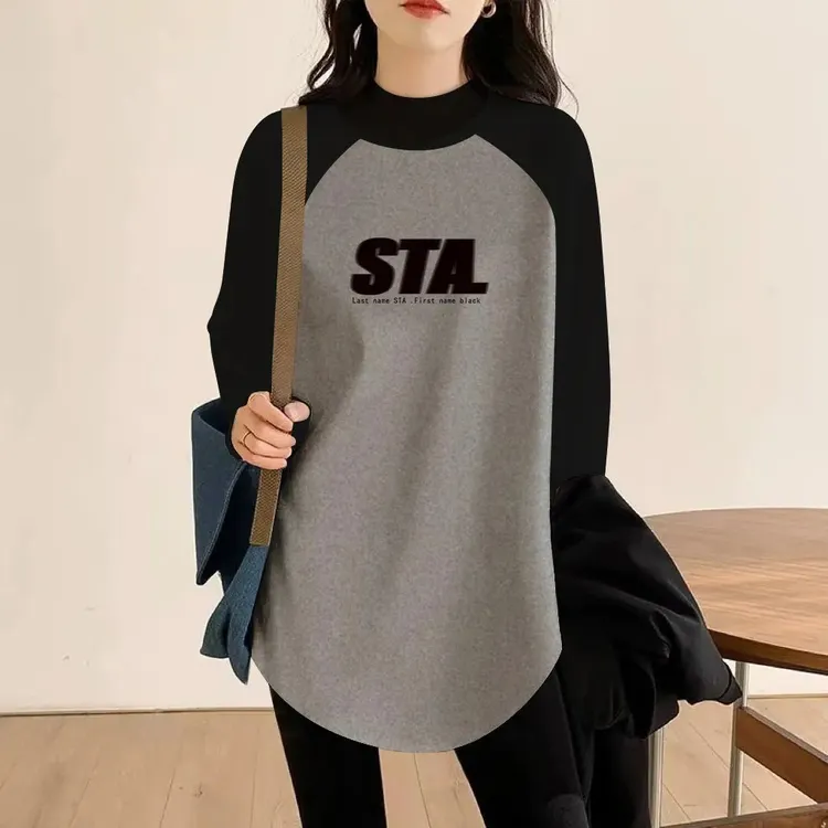 半高领德绒加厚中长款拼色插肩长袖上衣女2025秋冬大码内搭打底衫