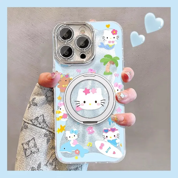 海滩kt猫适用苹果16promax手机壳水波纹iPhone15pro保护套卡通14p