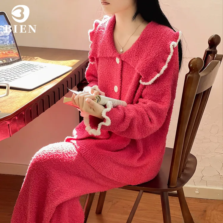 BIEN娃娃领睡衣女秋冬季甜美可爱公主开衫家居服防静电加厚半边绒
