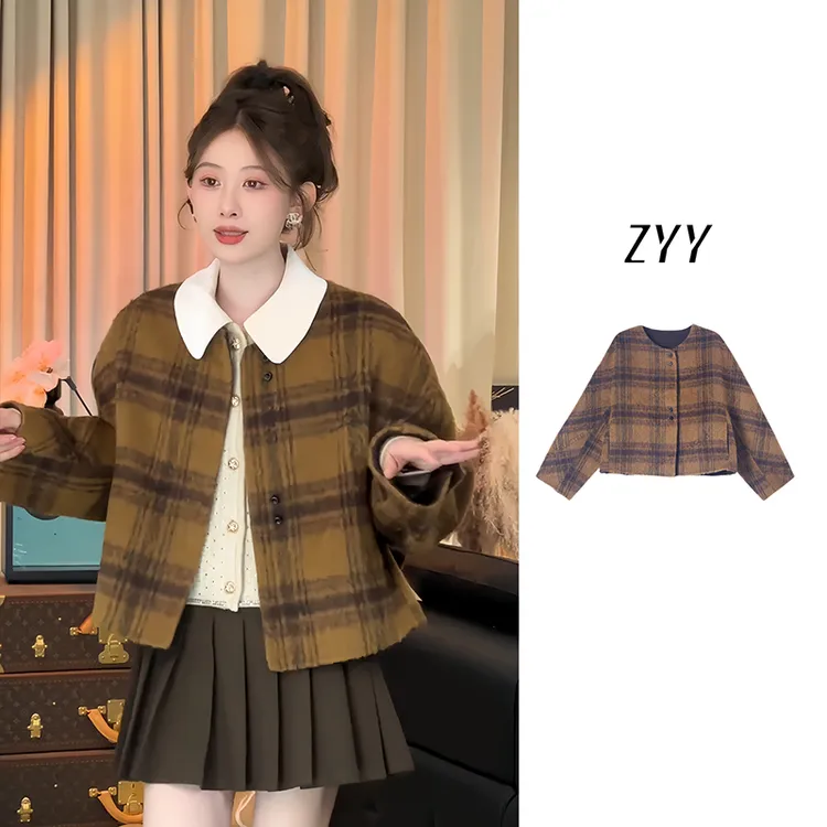 ZYY【南法调】2025S/S新品苏力羊毛撞色格子双面呢大衣X25DDY04589