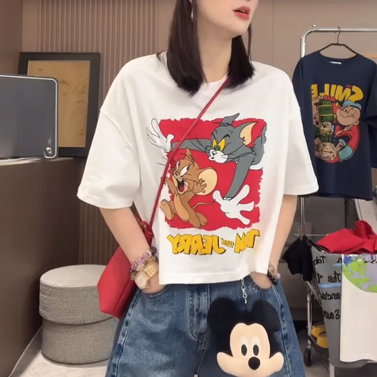 美式休闲猫和老鼠短袖T恤女2026夏季新款宽松圆领趣味印花打底衫