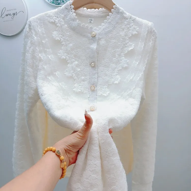 木耳领网纱加绒蕾丝打底衫内搭宽松衬衫秋冬显瘦遮肉外穿小衫衬衣