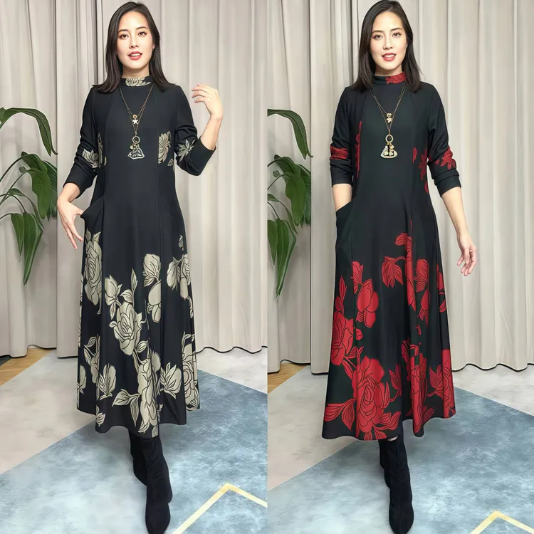 2025冬季新款提花连衣裙高端洋气上档次妈妈装弹力大码气质显瘦裙