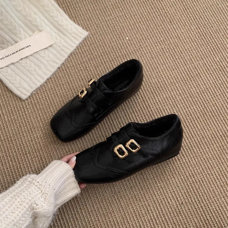 内增高复古方头加绒单鞋女厚底乐福鞋秋冬季布洛克英伦风小皮鞋女
