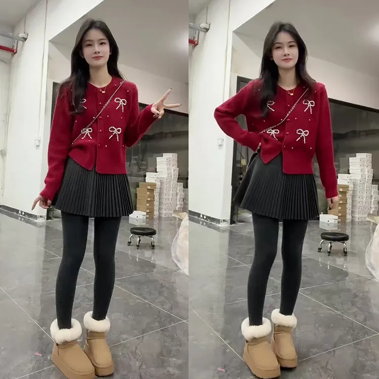 2025新款秋冬圣诞节穿搭一整套韩系气质针织开衫百褶短裙两件套装