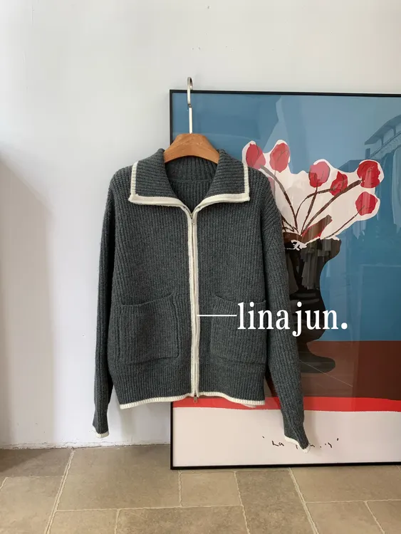 9.24秋季新款韩系百搭撞色深灰色翻领拉链毛衣外套