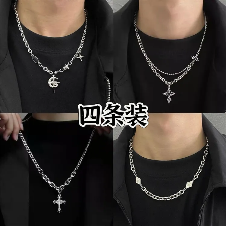 合金项链 黑锆石芒星项链男ins小众高级设计感百搭甜酷十字架项链