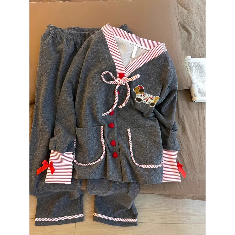 韩系甜美可爱腊肠狗德绒睡衣女秋季加绒保暖长袖家居服套装可外穿