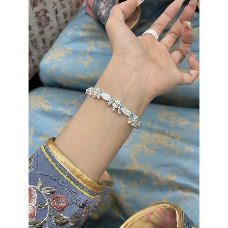 蓝色的花楹银9999手镯女新中式国风蓝色的花百搭高级感精美