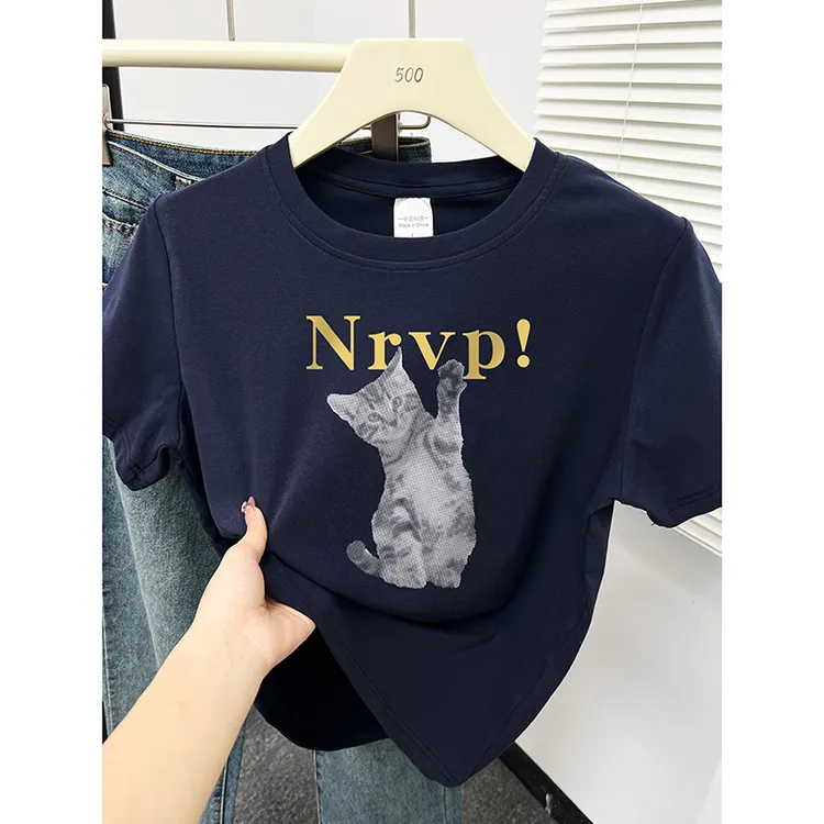 美式休闲猫咪印花正肩短袖T恤女夏季圆领通勤百搭藏蓝色小衫上衣