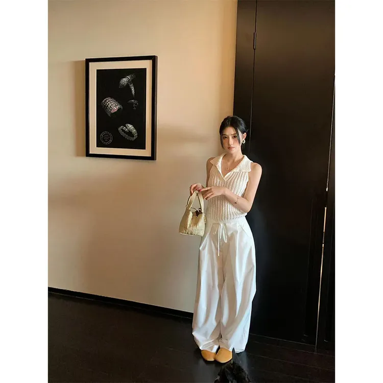 针织镂空翻领时尚气质修身高级上衣背心百搭显瘦休闲阔腿裤长裤女