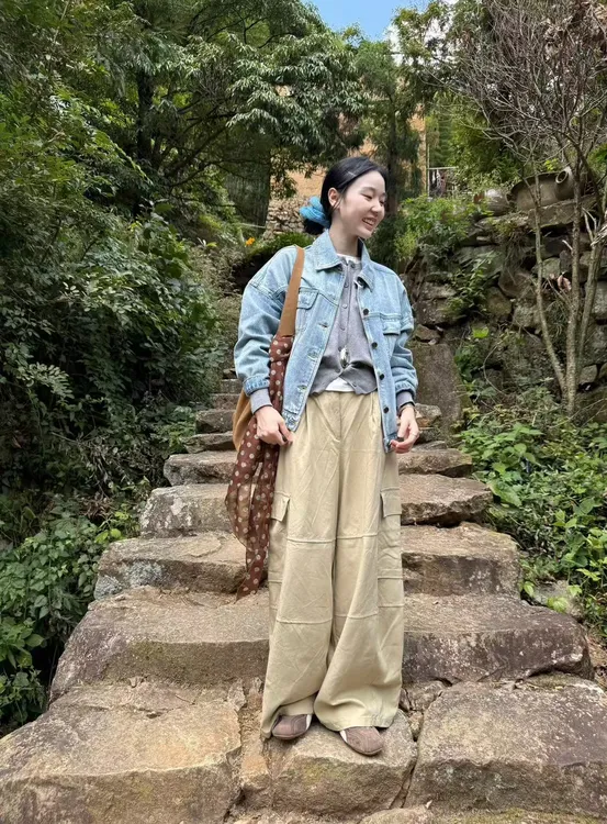 秋季2025新款韩国复古水洗蓝翻领宽松长袖牛仔外套女百搭阔腿裤
