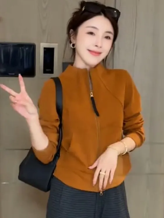 双拉链长袖开衫卫衣女2025秋季新款韩版时尚修身显瘦洋气百搭上衣