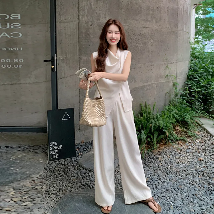 优雅气质荡领套装裤女2025夏季新款韩系氛围感穿搭显瘦无袖两件套