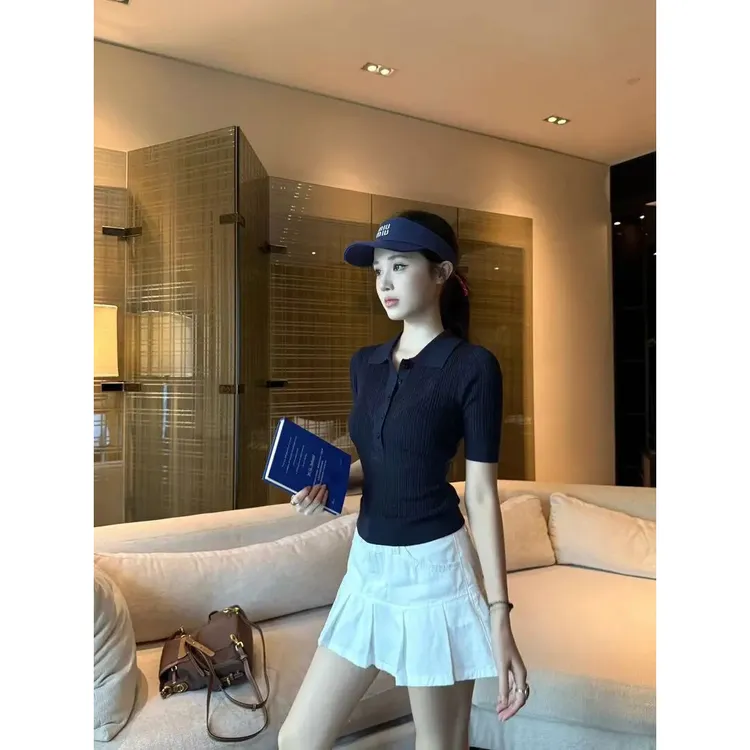 出游服装女镂空polo领短袖T恤上衣女2025夏季高腰宽松显瘦半身裙