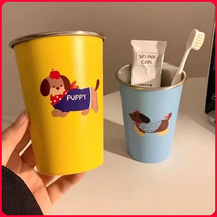 可爱腊肠狗漱口杯家用牙刷杯子洗漱杯情侣学生旅行不锈钢牙具牙杯