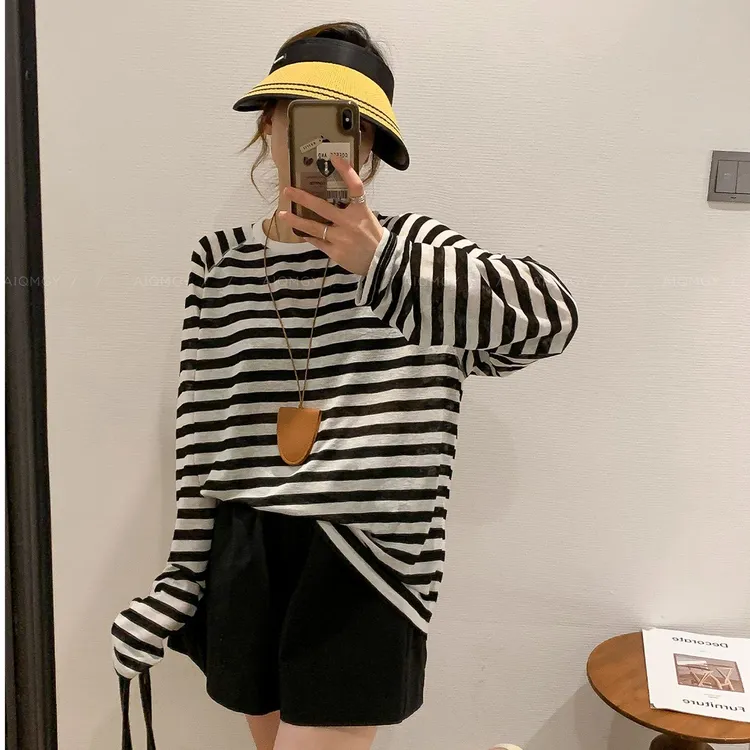 长袖t恤女薄款防晒罩衫夏季2025新款韩版宽松气质小个子条纹上衣