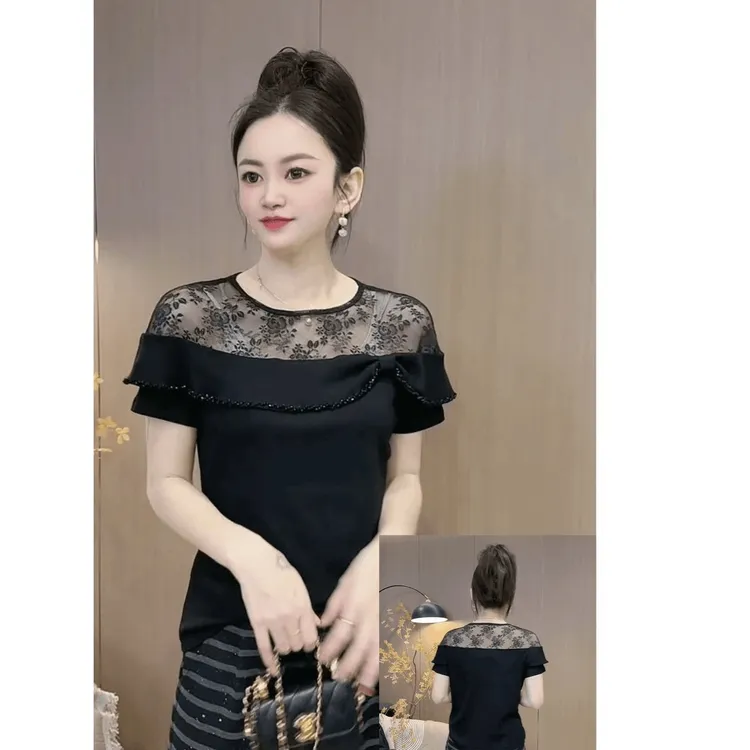 法式蕾丝拼接花边一字领显瘦短袖女2025夏季新款气质减龄恤上衣