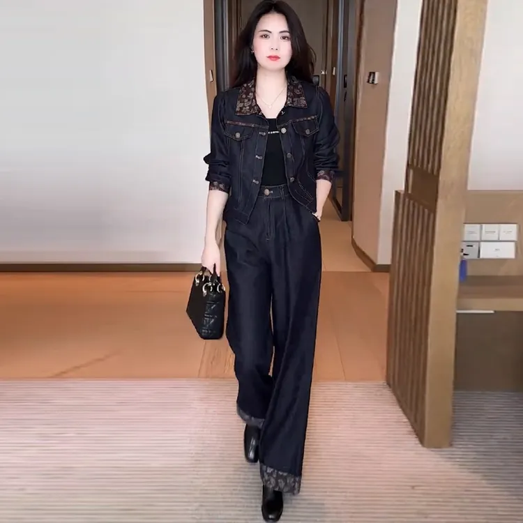 时尚套装女2025秋季新款洋气显瘦减龄百搭牛仔外套阔腿裤两件套潮