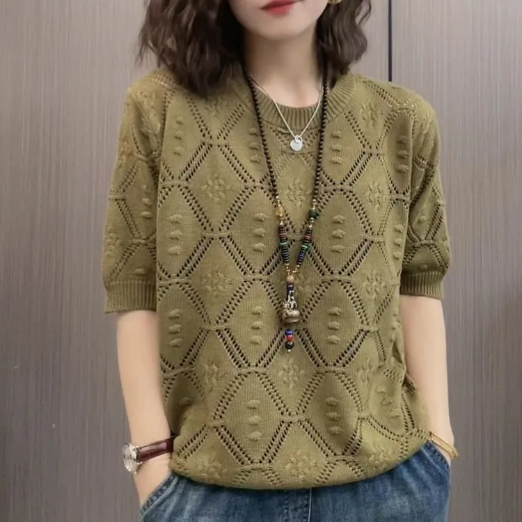 女士休闲时尚针织短袖上衣新款提花镂空遮肉薄款小衫针织衫MM女款