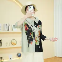 【欧洲站】AF084洋气印花撞色翻领上衣褶皱宽松大码衬衣