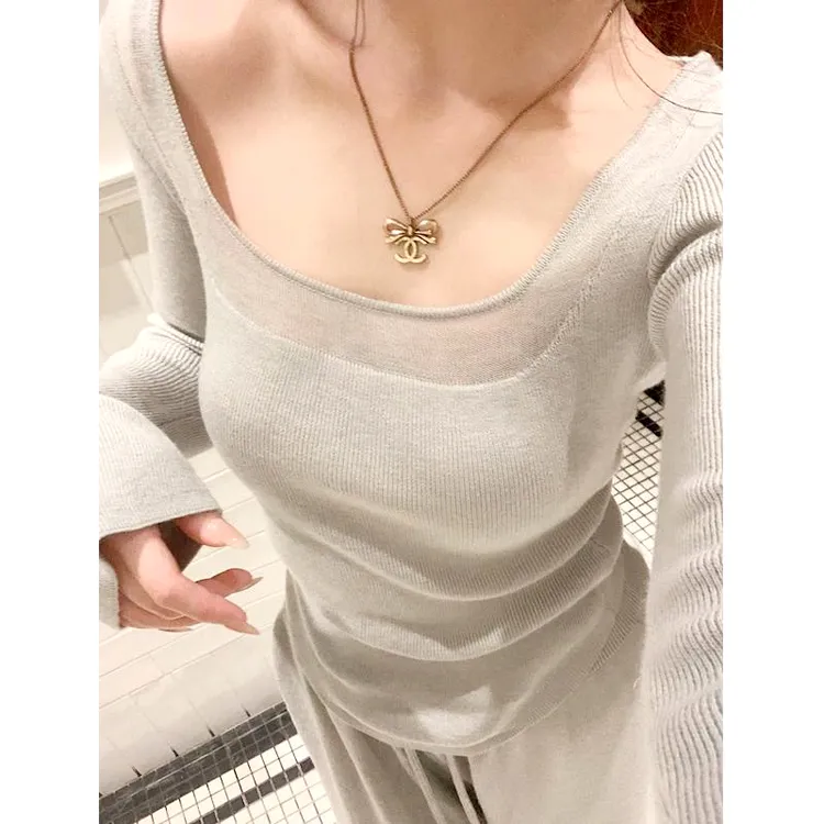 方领针织打底衫女2025秋冬季新款内搭修身高级感纯欲毛衣长袖上衣