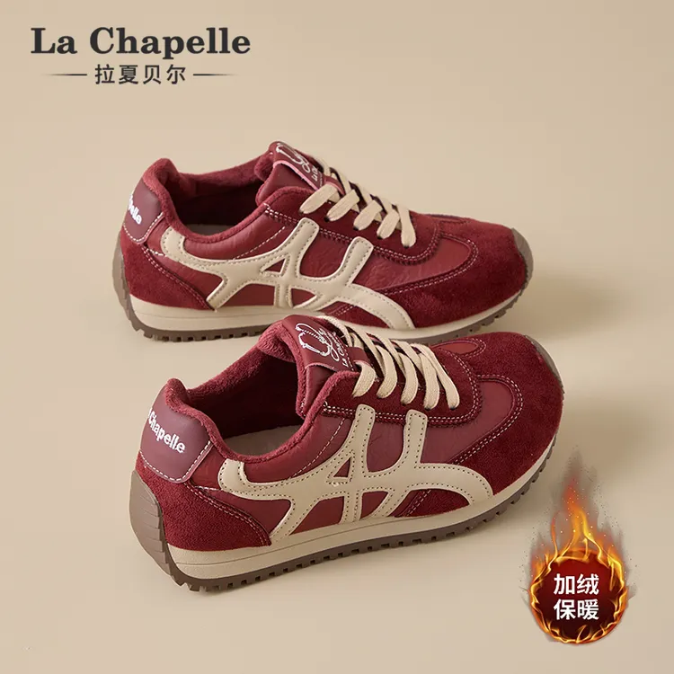 拉夏贝尔复古德训鞋女2025冬季新款加绒保暖棉鞋软底轻便阿甘鞋子