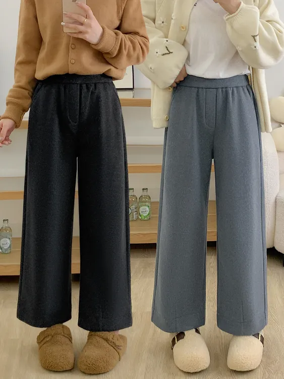 深灰色毛呢直筒休闲裤秋冬新款加绒胖mm梨型身材宽松显瘦九分裤子