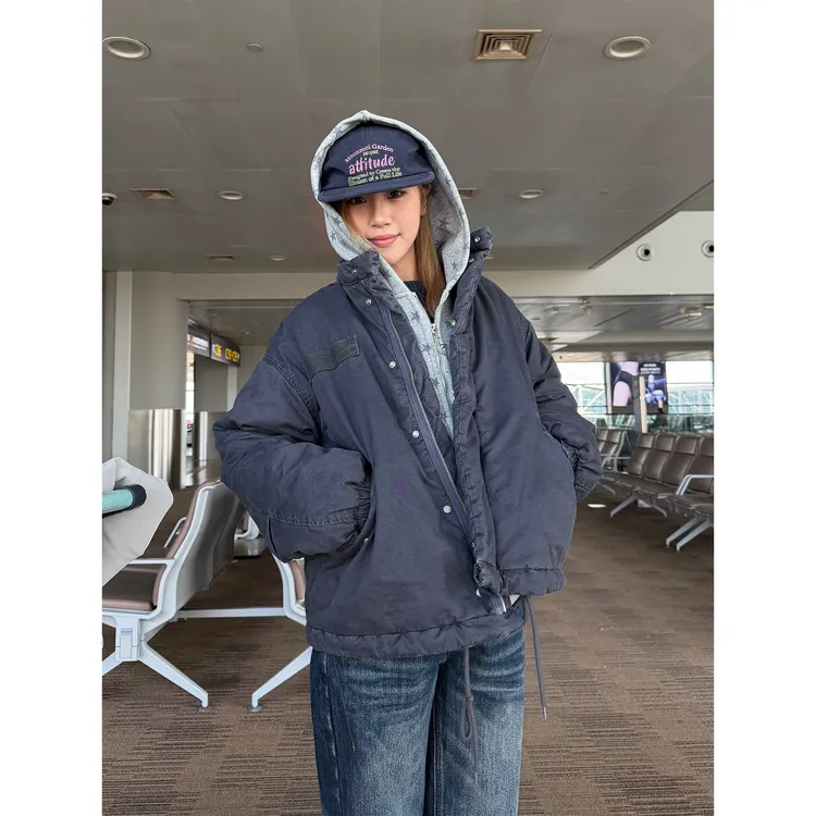 川川也家水洗做旧棉服美式复古男女冬季新款立领外套穿搭情侣上衣