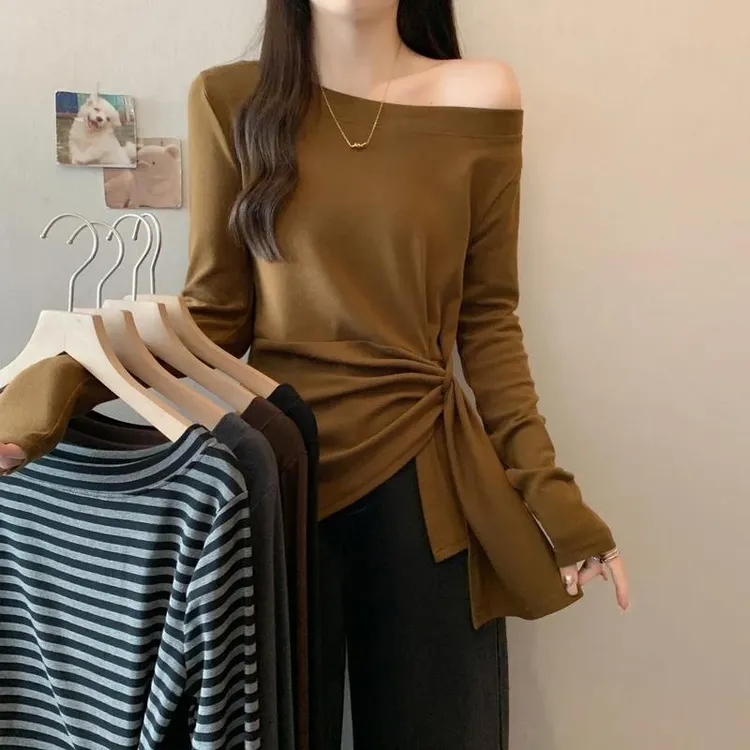 2025春秋季新款女士美拉德不规则长袖简约T恤收腰斜领露肩上衣