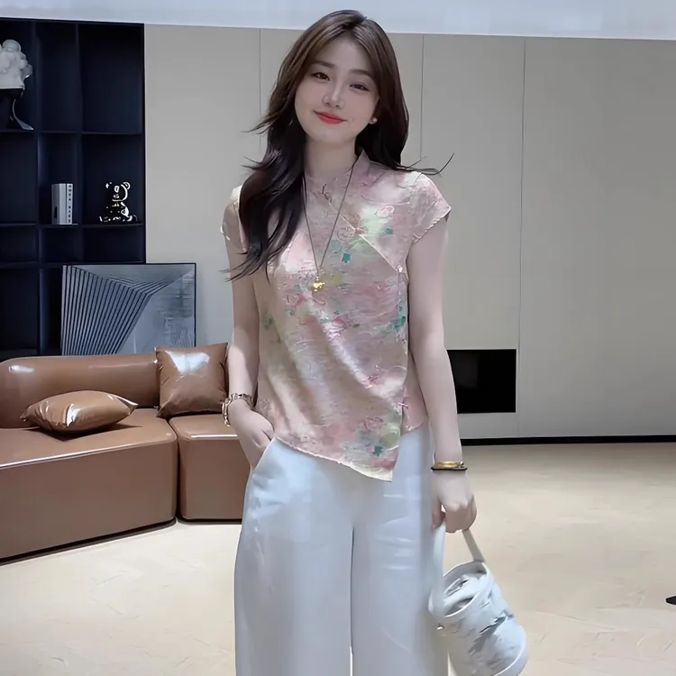 拉夏贝尔新中式国风衬衫女士夏季新款不规则减龄衬衣宽松显瘦上衣