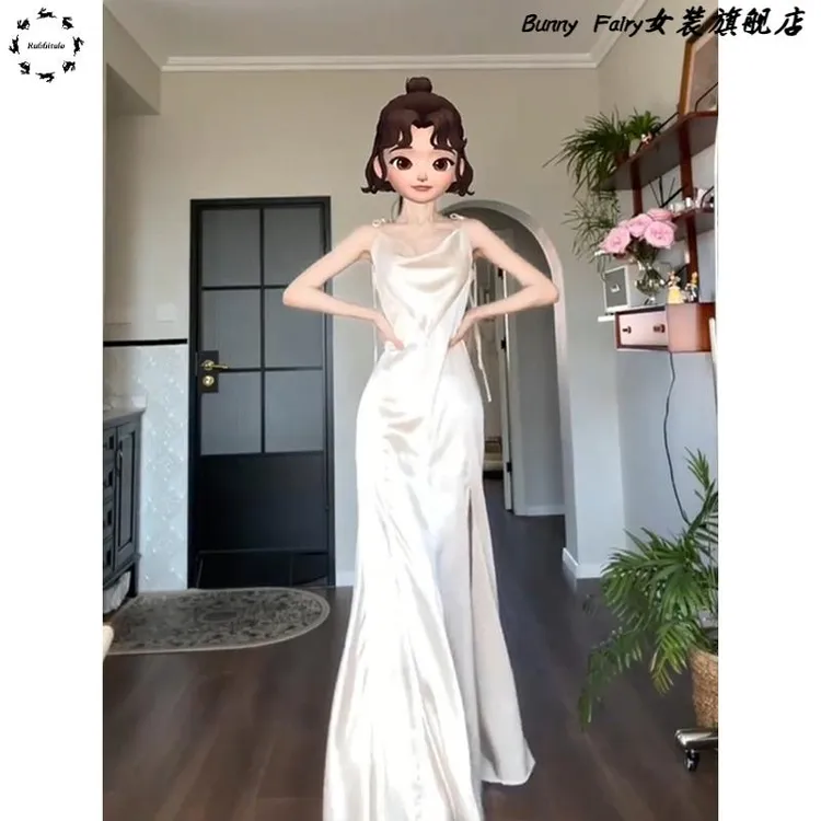 微胖高级感荡领缎面吊带连衣裙女夏季名媛风气质生日礼服鱼尾长裙