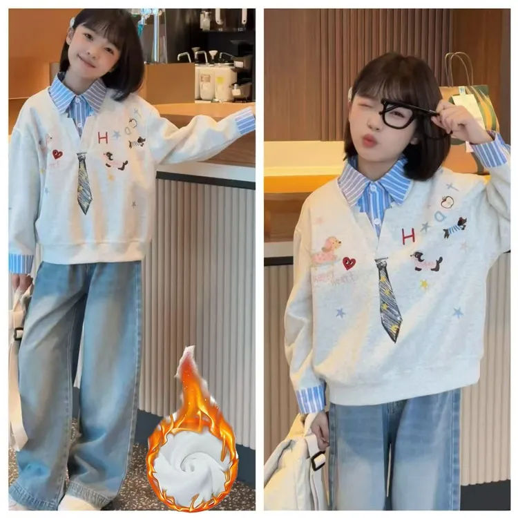 女童超好看加绒卫衣秋冬2025新款儿童假两件上衣女孩大童翻领衣服