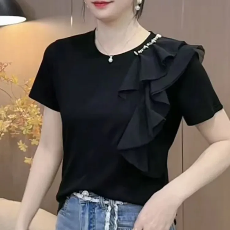 2025夏季新款气质网纱钉珠设计洋气休闲短袖T恤女上衣显瘦百搭潮
