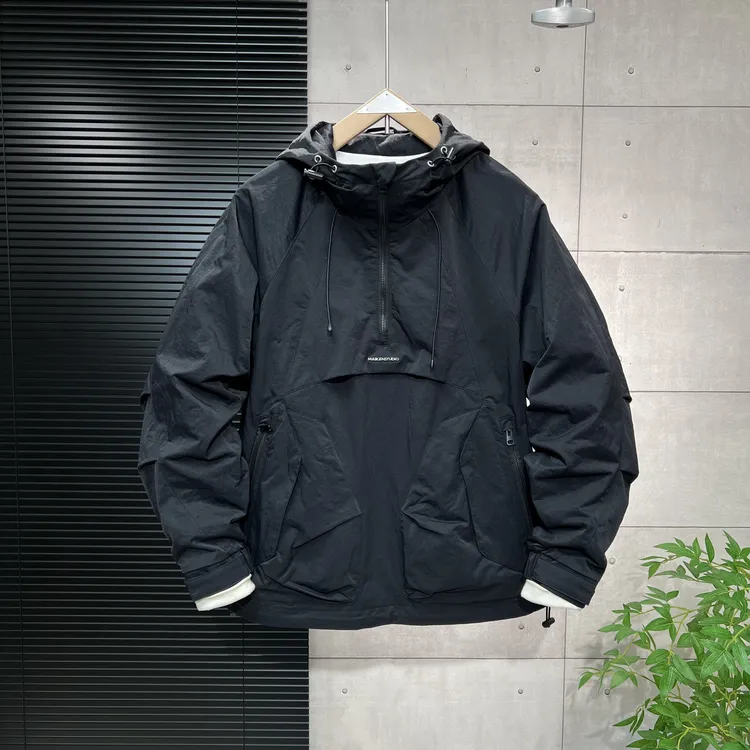 春季工装套头连帽冲锋衣外套男潮流拼接机能风户外半拉链夹克上衣