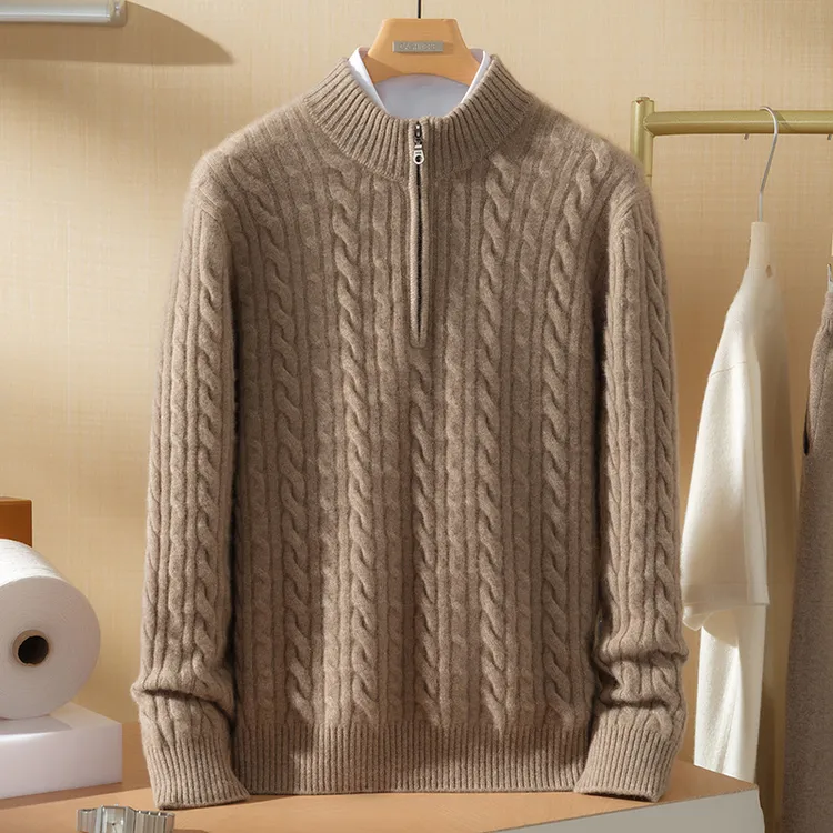 男士七针麻花半高领P同款纯色半高拉链厚款保暖纯山羊绒410-480克